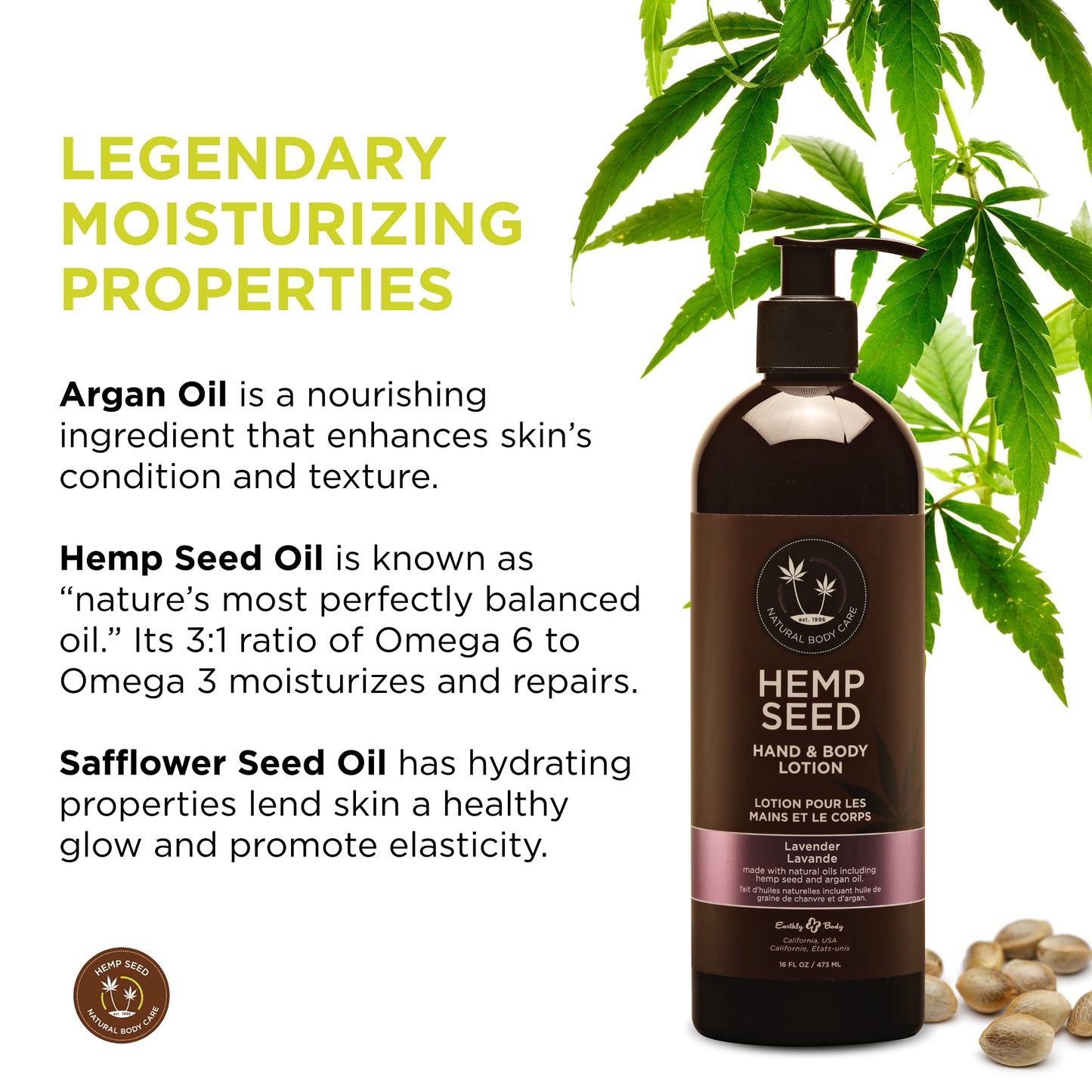 Hand & Body Lotion, Lavender Scent - 16 oz. - Soothe Dry Skin - Argan Oil, Hemp Seed Oil - Light, Non-Greasy Formula - Vegan & Cruelty Free Beauty & Personal Care Earthly Body