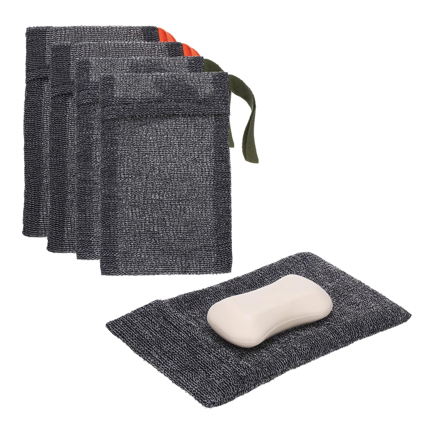 uxcell Loofah Soap Pouch, 4 Pcs Bar Soap Saver Bag with Orange/Dark Green Handle Nylon Body Scrubber Pouch Exfoliating Net for Body Shower Foaming Beauty and Personal Care uxcell