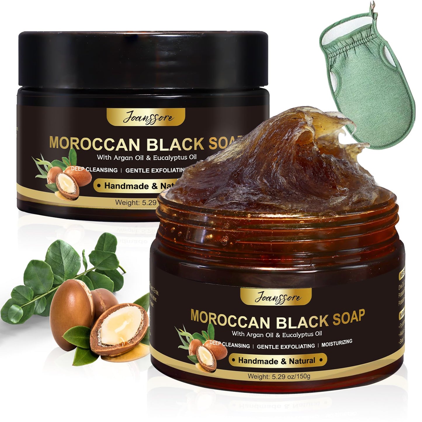 2 Pack Moroccan Black Soap Hammam, Morocco Body Scrub with Exfoliating Glove, Exfoliating Body Cleanser, Argan Oil & Eucalyptus - Deep Cleansing Beauty & Personal Care Joanssore