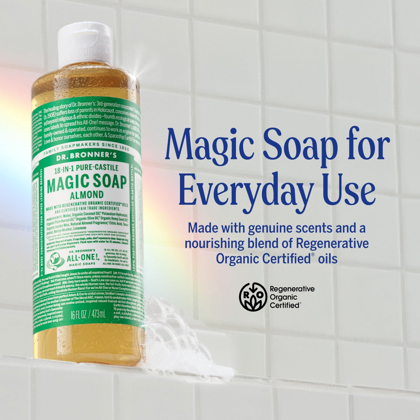 Dr. Bronner's Pure-Castile Magic Soap Liquid (Almond, 32 Ounce) - Made with Regenerative Organic Certified Oils, 18-in-1 Uses: Face, Body, Hair Beauty & Personal Care Dr. Bronner's
