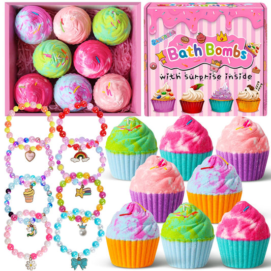 Bath Bombs for Kids with Surprise Jewelry Toys Inside, 8 Cupcake Bath Bombs Gifts Set, Girls, Teens, Kids Birthday Christmas Gift, Handmade Fizzy Beauty and Personal Care Santrela