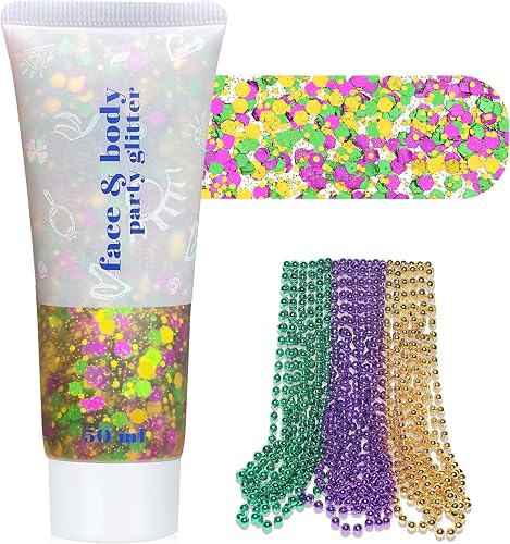 Purple Green Gold Mardigras Face Hair Glitter Makeup Set, for Parade Mask Parties Carnivals, with 10 PCS 7mm Beads Necklaces Beauty & Personal Care faglowmify