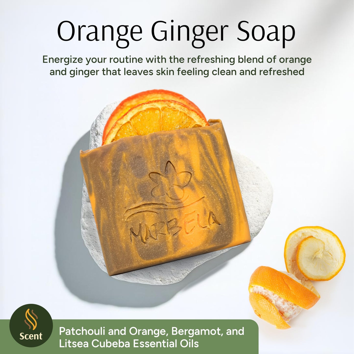 Marbela Cosmetics Orange Ginger Handmade Soap Bar - Made in USA, Vegan Friendly, Palm Oil Free, Natural Bar Soap - Gentle Face & Body Soap for Daily Beauty & Personal Care Marbela