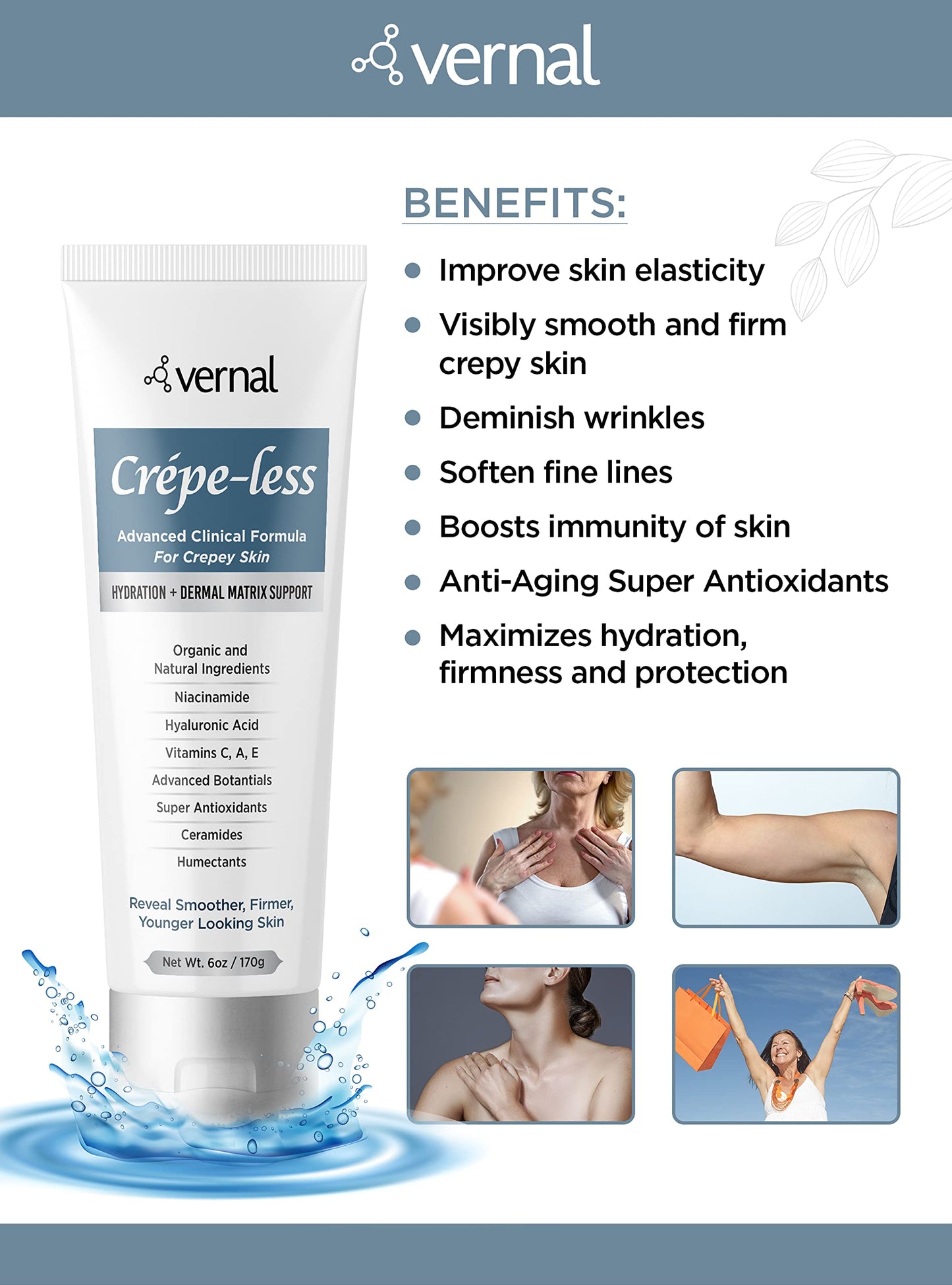 Vernal Crepe-less skin firming cream to reduce crepey arms, neck & hands. Organic tightening cream to reduce thin dry wrinkled skin. Best moisturizer Beauty & Personal Care Vernal