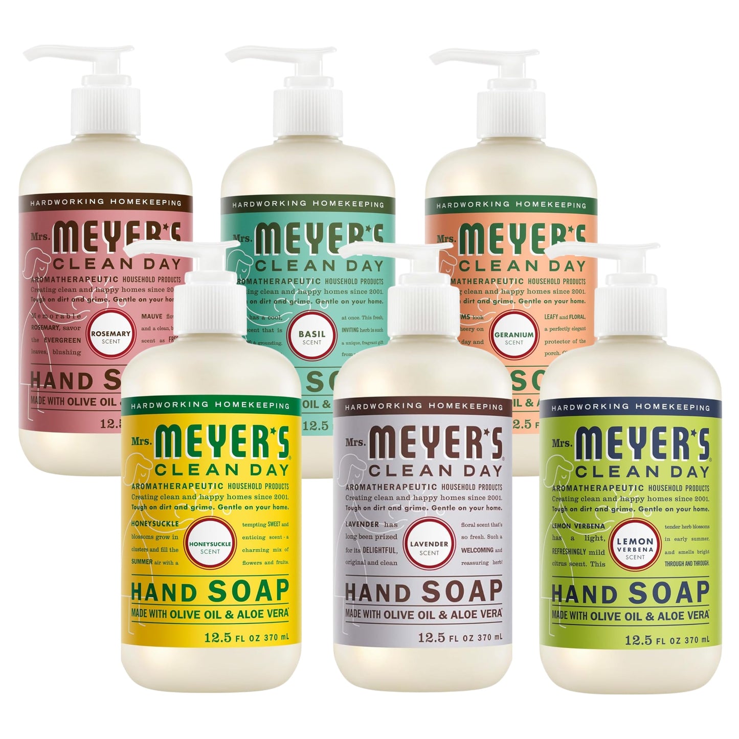MRS. MEYER'S Liquid Hand Soap 12.5 OZ Scents Variety Pack 6 ( Rosemary, Basil, Geranium, Honeysuckle, Lavender, and Lemon Verbena) Beauty & Personal Care Mrs. MEYER'S