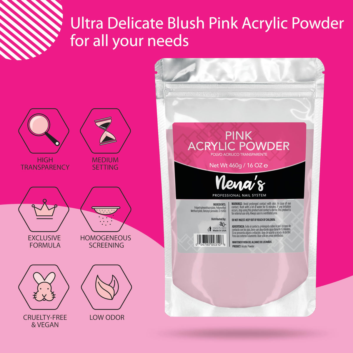 Nena's Superior Sculpting Powder Professional Acrylic Nail System Clear Medium Pink 16 oz 460 g (Pink)
