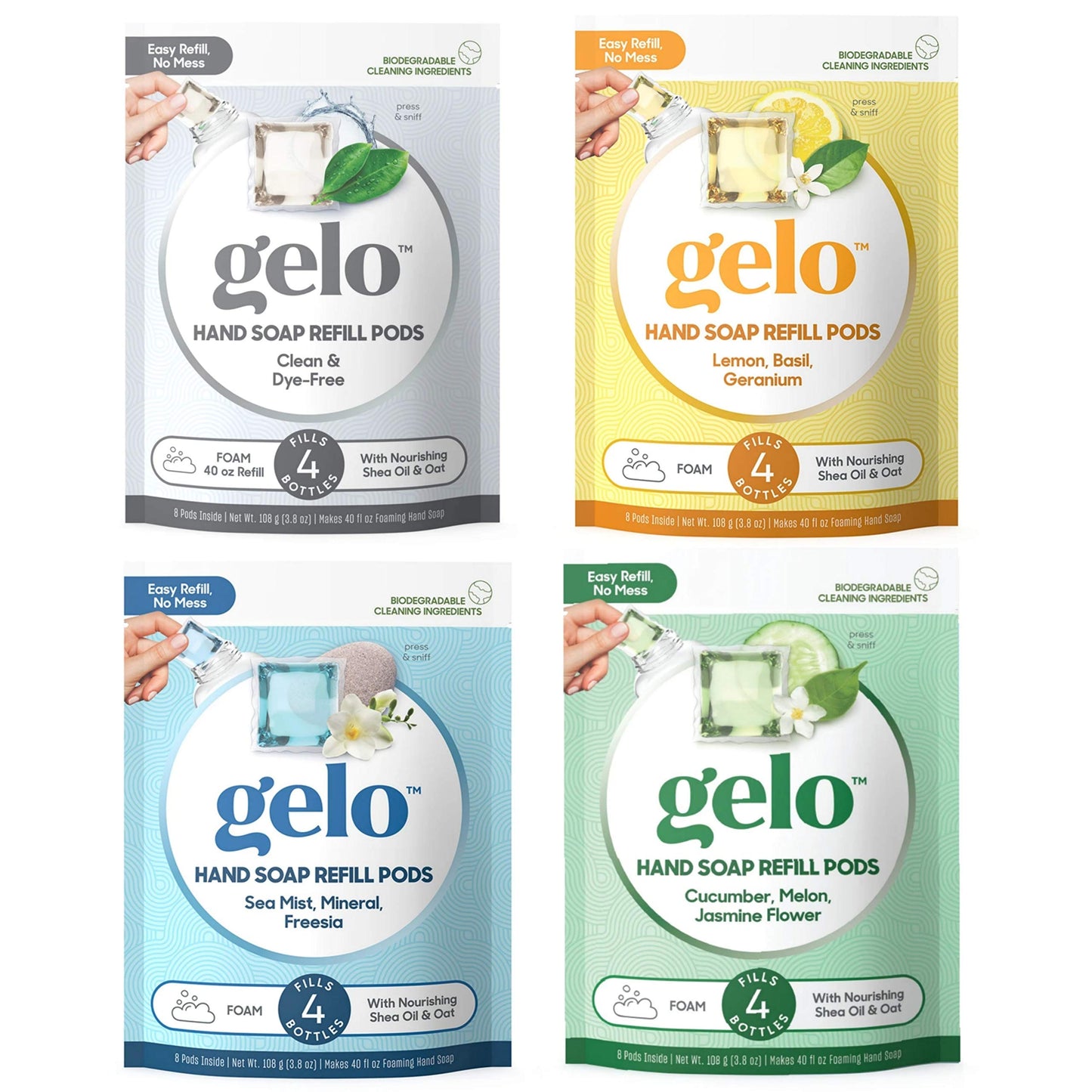 Gelo Refill Plant Based Essential Oil Hand Liquid Soap (10 oz.) Variety Pack (PODS ONLY) (Clean, Cucumber, Lemon & Sea Mist) Beauty & Personal Care Gelo