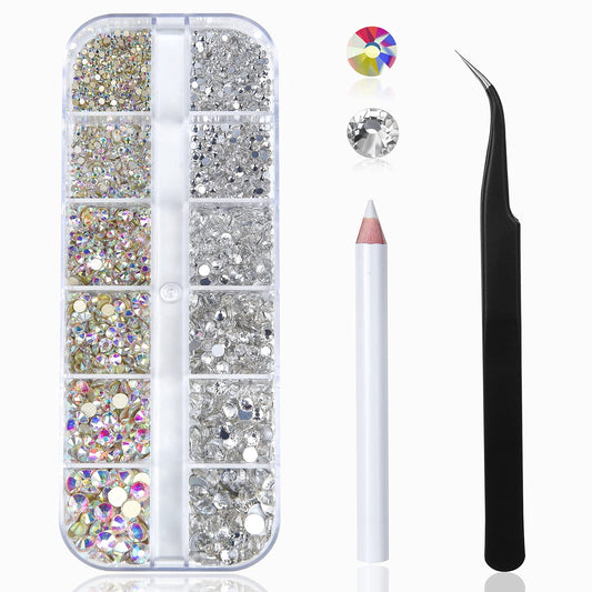 Nail Art Rhinestones Kit HUETFAT 2400pcs Nail Gems Ab Flatback Rhinestones Gems Stones, with Storage Organizer Box/Wax Pencil/Tweezers 6 Sizes Beauty & Personal Care HUETFAT