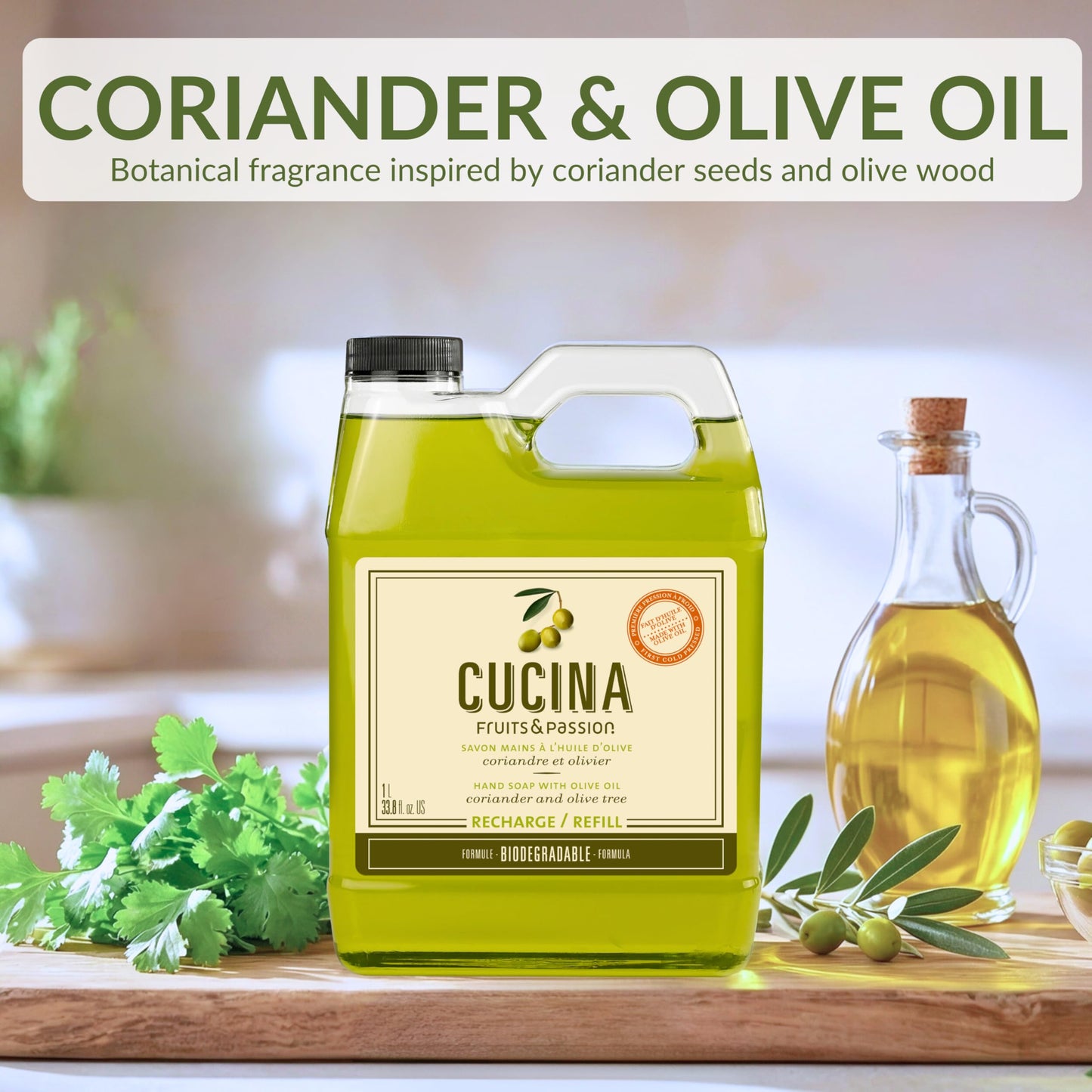 Cucina Fruits & Passion Hand Soap Refill - Coriander & Olive Tree - 1 Liter (33.8 fl oz) - Olive Oil Enriched Kitchen Hand Soap - Biodegradable Beauty & Personal Care Cucina