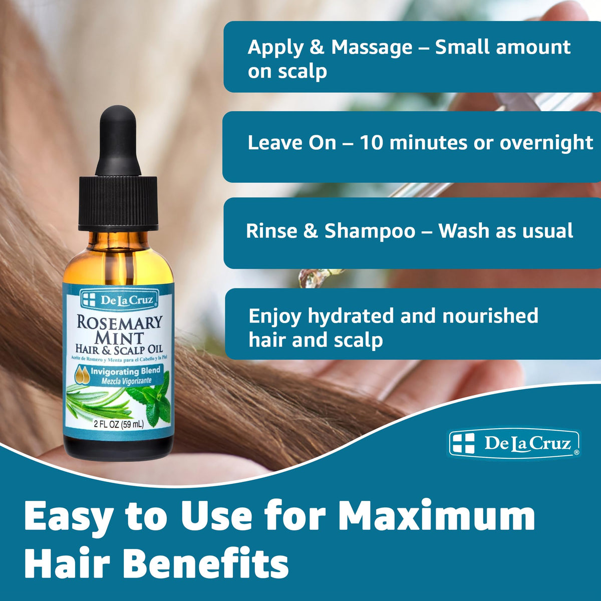 De La Cruz Rosemary Mint Hair & Scalp Oil with Castor & Avocado Oil 2 FL OZ