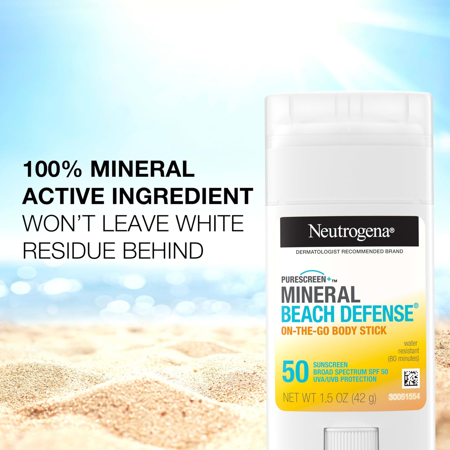 Neutrogena Purescreen+ Mineral Beach Defense On-The-Go Body Sunscreen Stick with Broad Spectrum SPF 50, Water Resistant UVA/UVB Protection, Absorbs Beauty & Personal Care Neutrogena