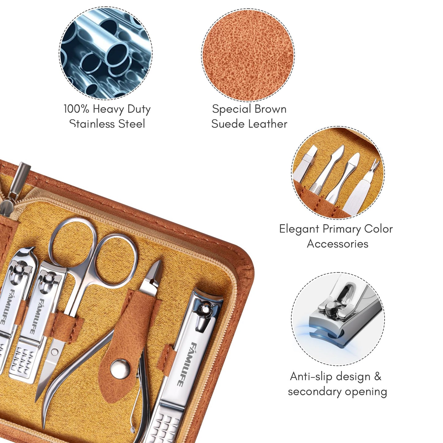 FAMILIFE Manicure Set, Nail Professional Kit Manicure Kits Nail Clipper Sets, 13PCS Stainless Steel Pedicure Sets Mens Grooming Tool, with Brown Beauty & Personal Care FAMILIFE