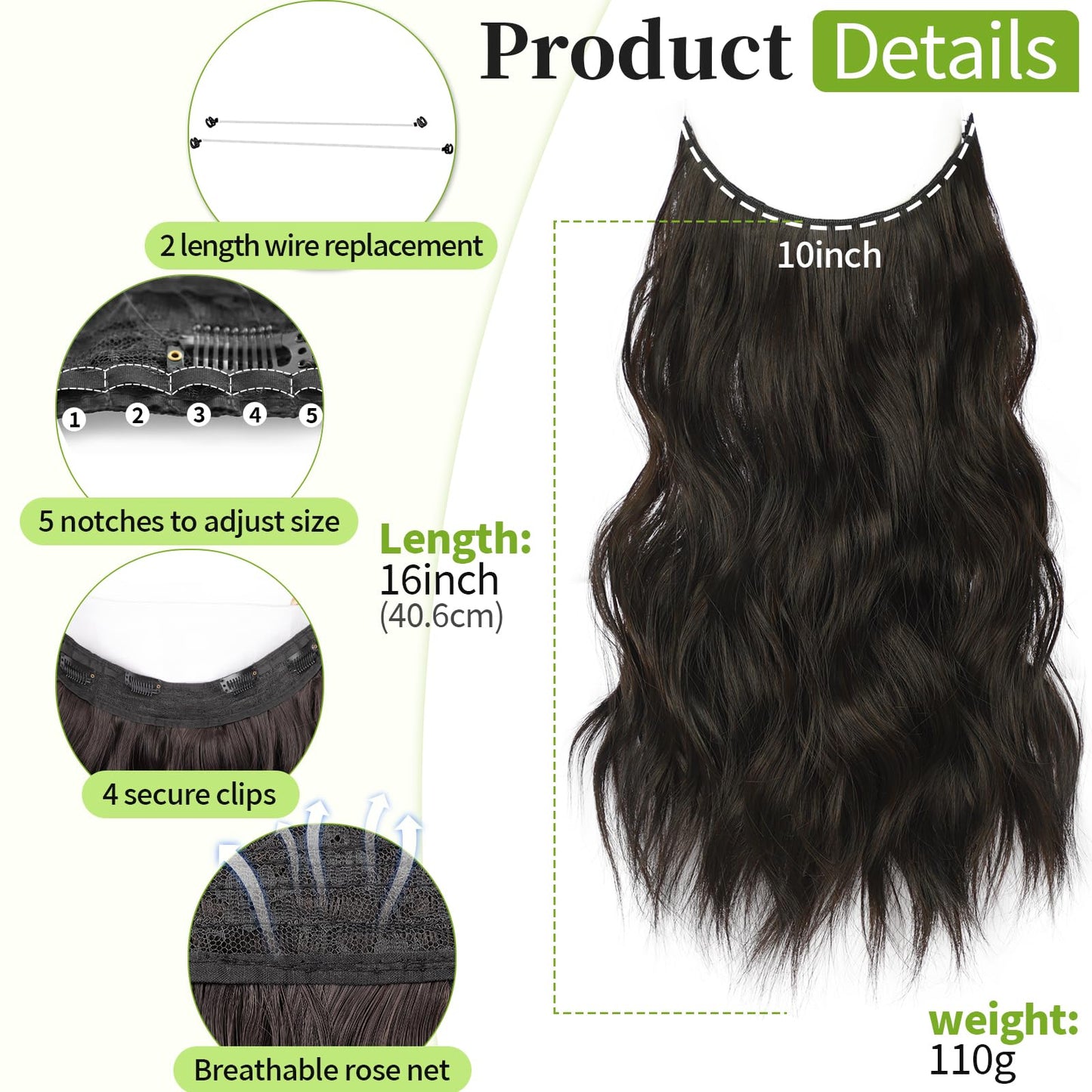 KooKaStyle Wavy Invisible Wire Hair Extensions 16"Natural Black Beauty and Personal Care KooKaStyle