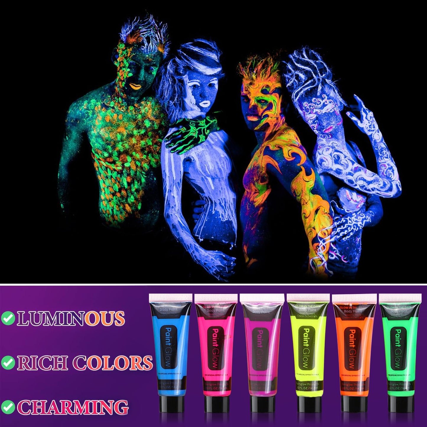 WYBLZPXZ 12 Pcs Glow in Dark Face Body Paint,Black Light Glow Makeup Set Neon Fluorescent,Glow Blacklight Body Face Paint Set Face Painting for Music Beauty & Personal Care WYBLZPXZ