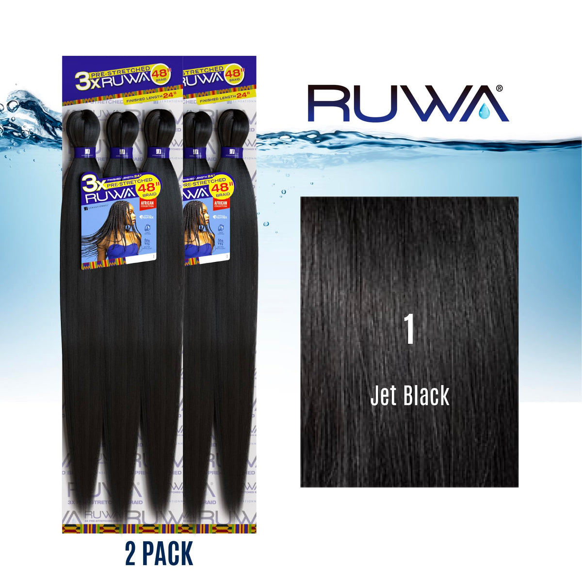 Sensationnel Ruwa Prestretched Braiding Hair-3X 48 Inch,2 pack 1 JETBLACK