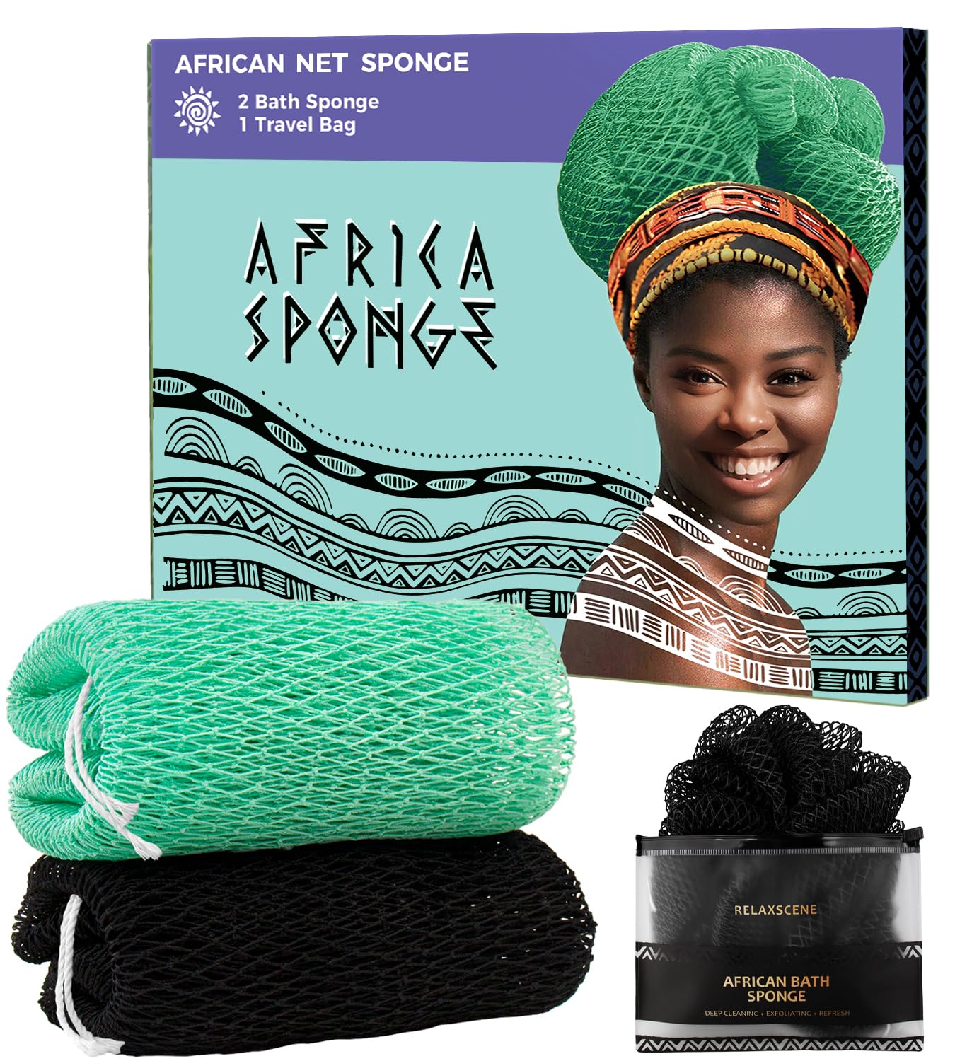 African Exfoliating Net Sponge Black & Seawave - 2 Pack Real African Net Authentic - Body Wash Scrubber for Shower Bath - Africa Bath Sponges for Men Beauty and Personal Care RelaxScene