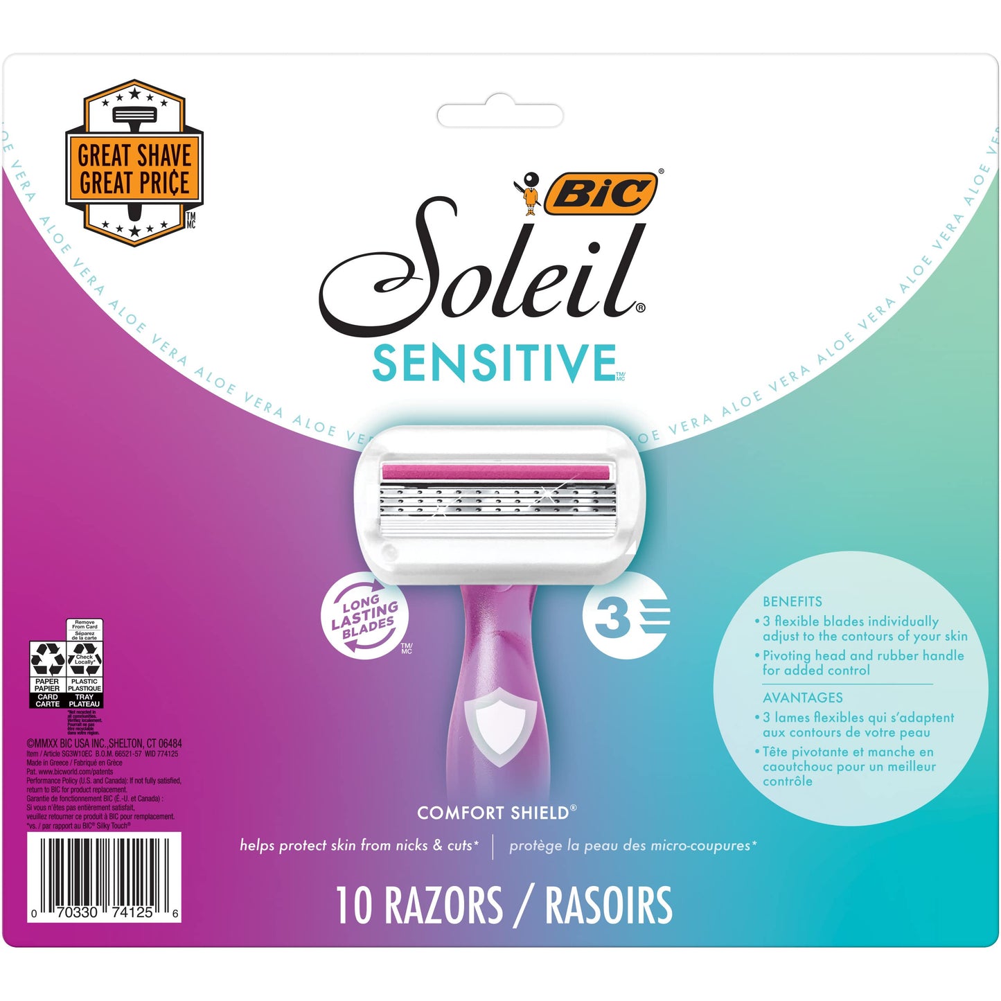 BIC Soleil 3 Sensitive Women's Disposable 3 Blade Razors, Comfort Shield and Aloe Vera Moisture Strip, 10-Pack Beauty and Personal Care BIC