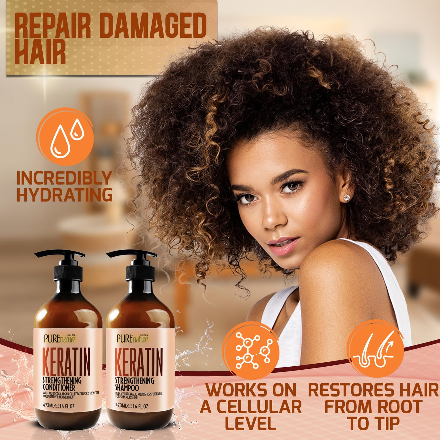 Keratin Shampoo and Conditioner Set - Sulfate and Paraben Free Treatment for Dry Hair - Anti Frizz, Collagen Enriched Formula for Curly or Damaged Beauty & Personal Care PURE NATURE LUX SPA