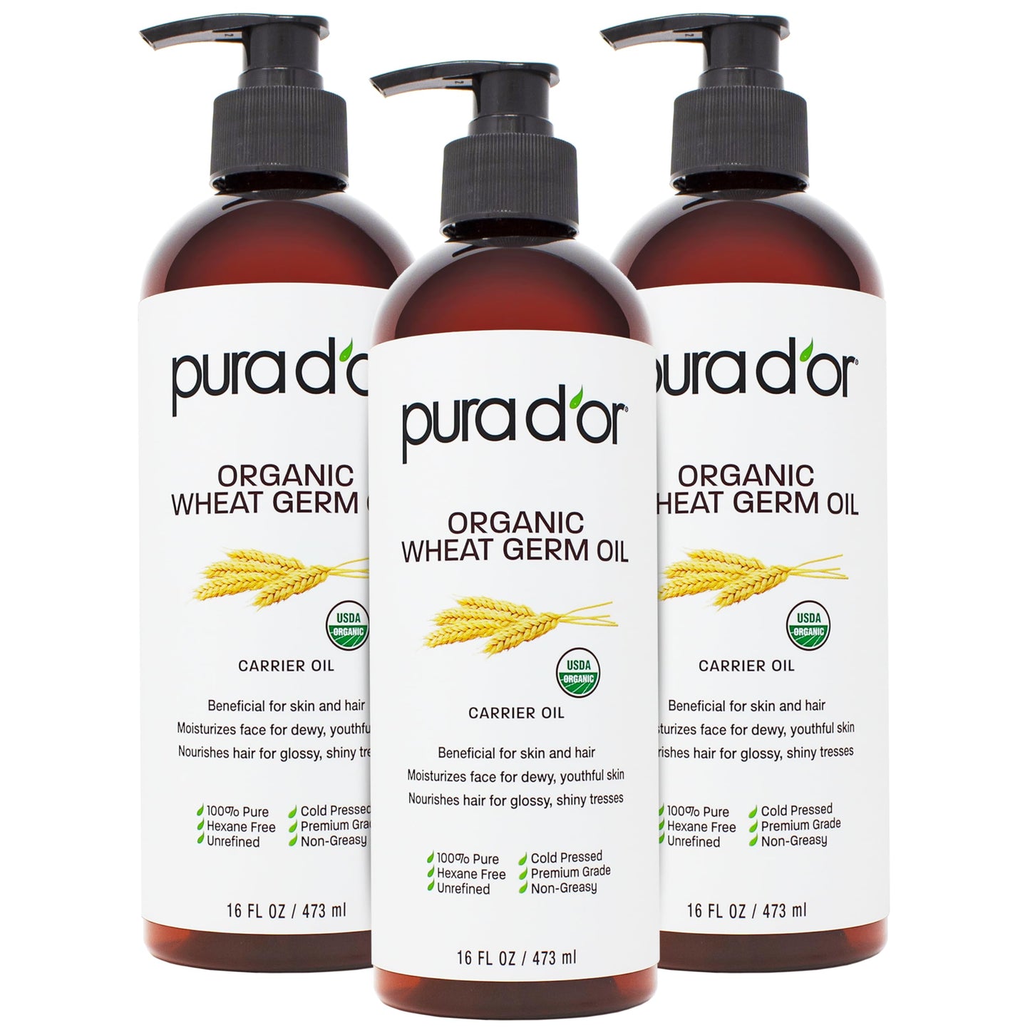 PURA D'OR ORGANIC Wheat Germ Oil (16 Oz x3 = 48 Oz) 100% Pure & Natural USDA Certified Cold Pressed Carrier Oil - Vitamin E Rich, Moisturizing Beauty & Personal Care PURA D'OR