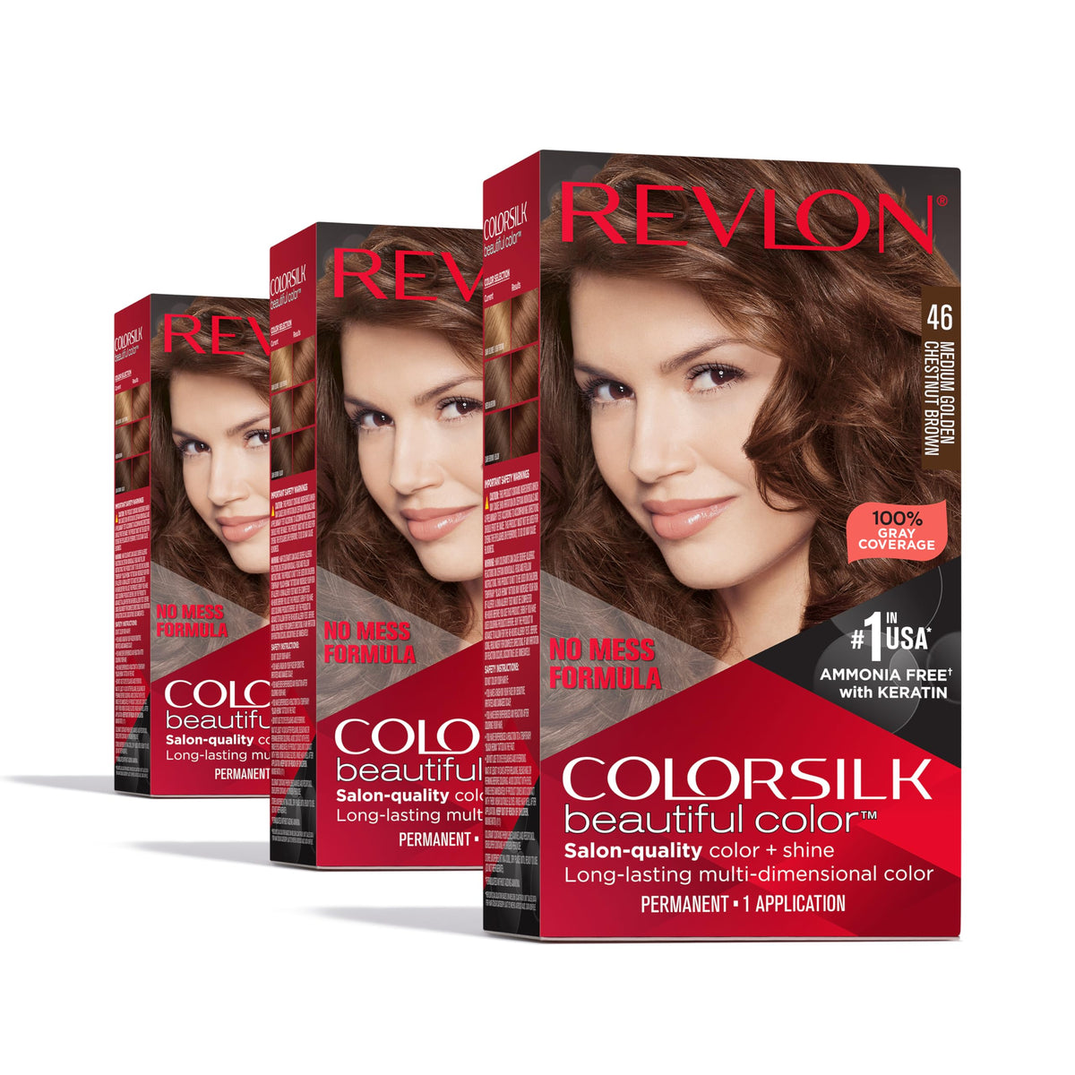 Revlon Colorsilk Beautiful Color Permanent Hair Color, (OLD VERSION) 46 Medium Golden Chestnut Brown (Pack of 3) Beauty & Personal Care REVLON