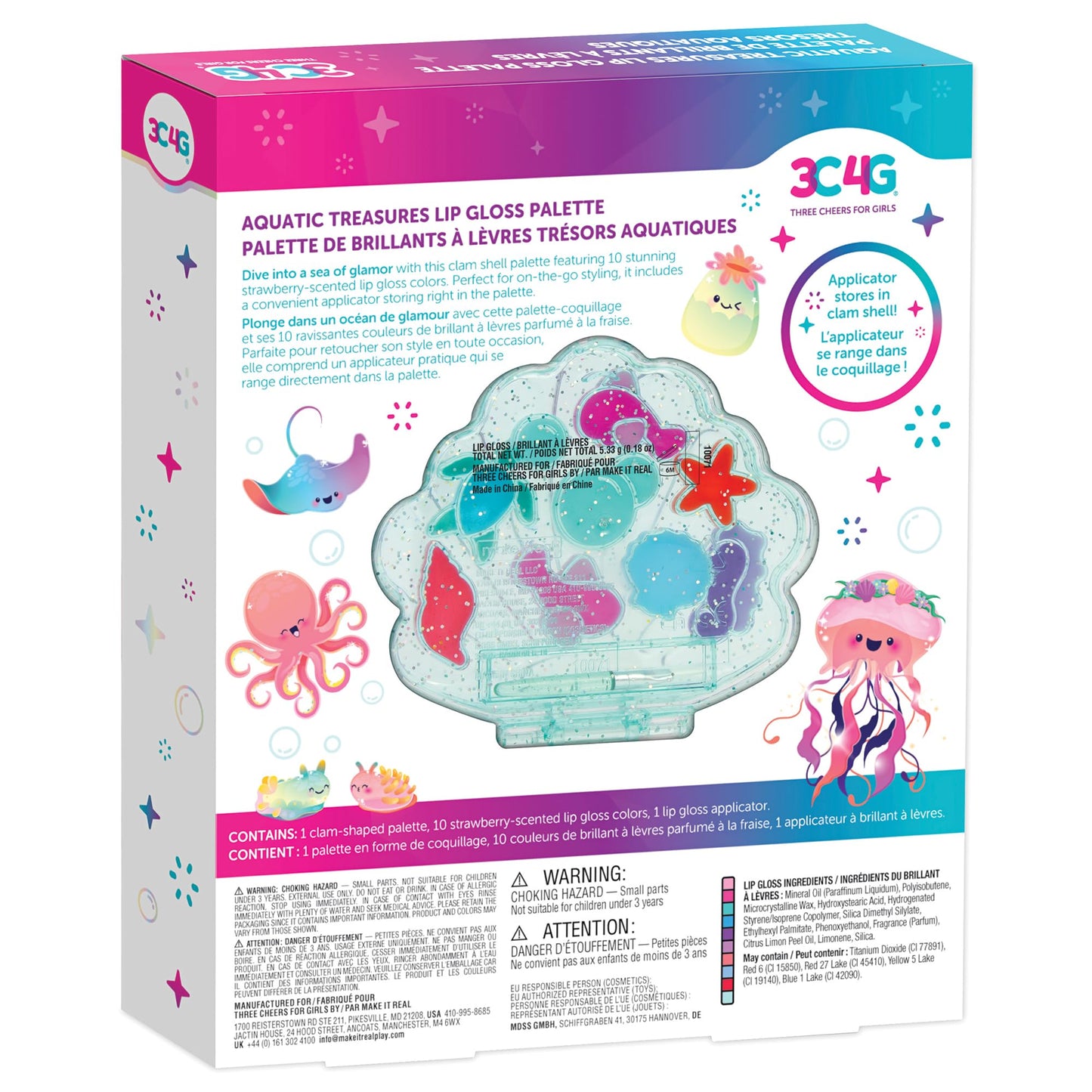 3C4G: Aquatic Treasures Lip Gloss Palette - Portable Clam-Shaped Case, 10 Fruity Strawberry-Scented Colors, Three Cheers For Girls, Kids Ages 8+ Beauty & Personal Care 3C4G THREE CHEERS FOR GIRLS