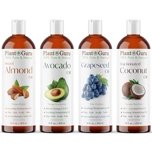 Carrier Oil Variety Set 16 oz Cold Pressed 100% Pure Natural Almond, Avocado, Coconut Fractionated, Grapeseed. For Aromatherapy Essential Oils, Skin Beauty & Personal Care Plant Guru