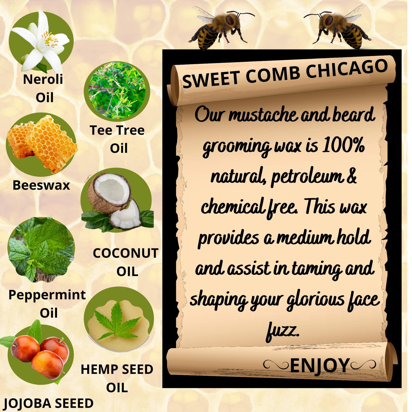 Sweet Comb Chicago Mustache & Beard Styling Wax, Medium Hold for Styling Men's Facial Hair, Great for Handlebar, Zappa, Beards to a Full, Square or Beauty and Personal Care Sweet Comb Chicago
