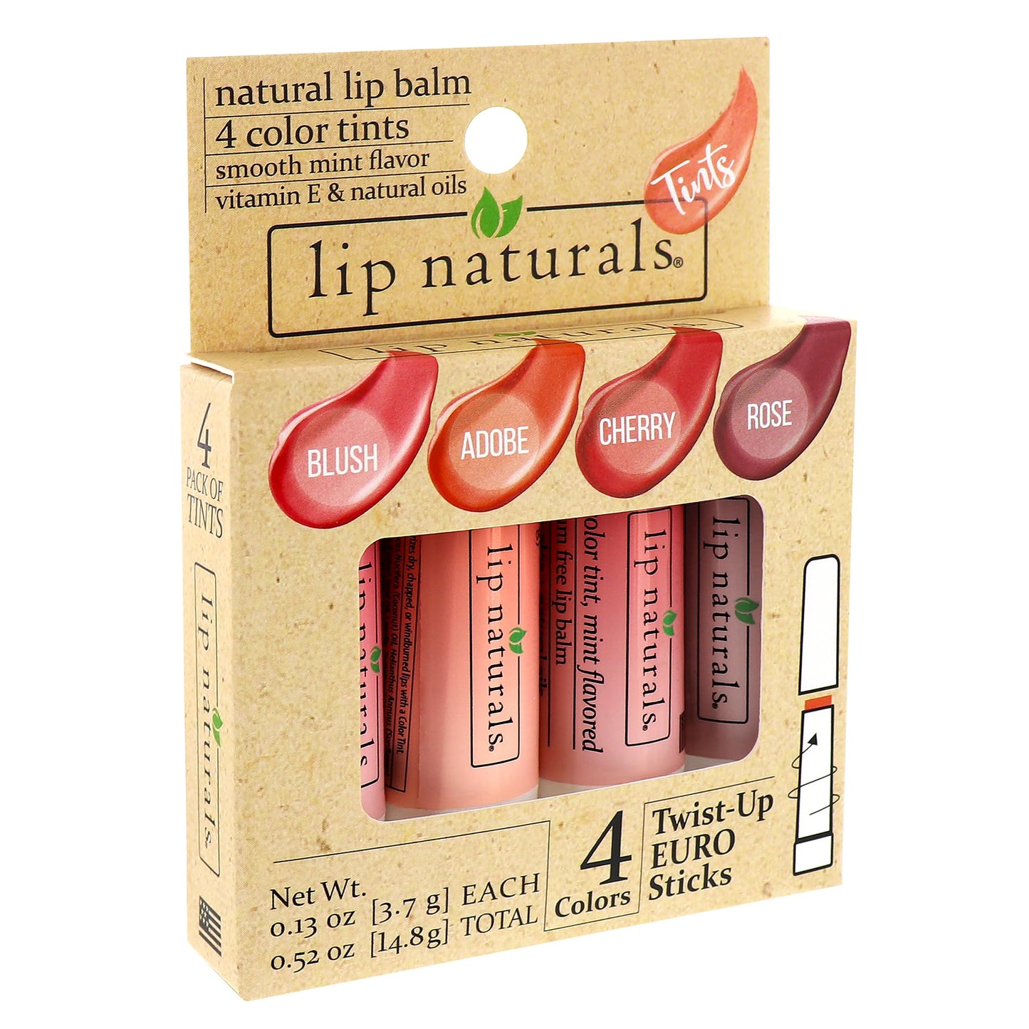 Lip Naturals Tinted Lip Balm 4 Pack of Assorted Colors with Beeswax, Coconut Oil, Vitamin E, and Aloe - Moisturizing Lip Care with a Smooth Mint Beauty and Personal Care LIP NATURALS