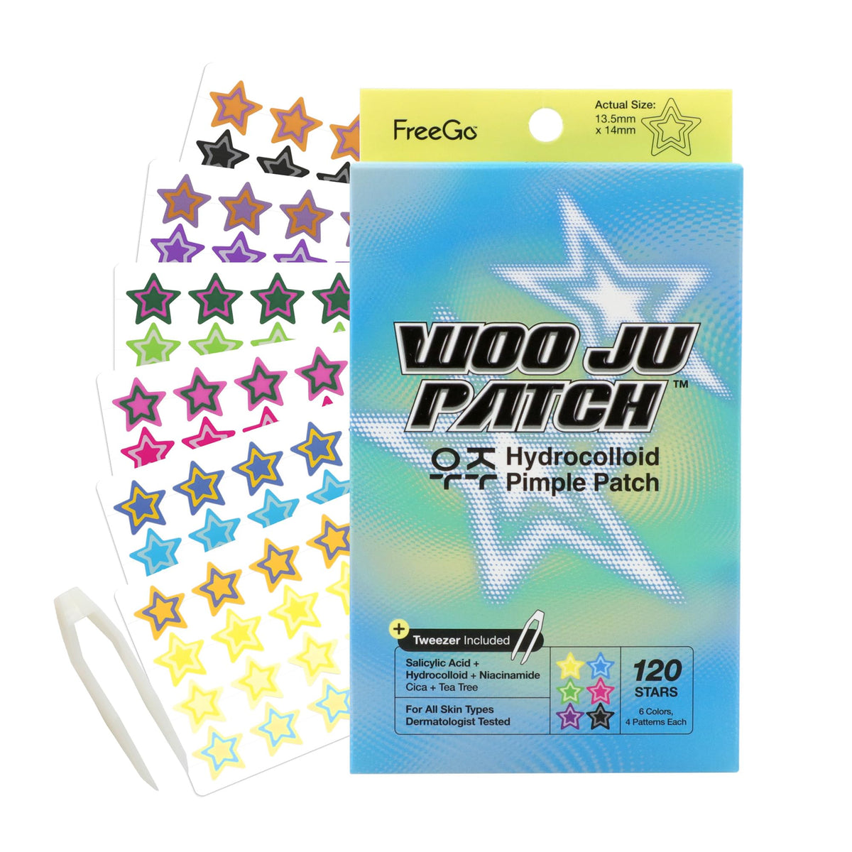 FreeGo WOO JU (??) Hydrocolloid Pimple Patch 120 Counts | Cute Colorful Star Shape | Salicylic Acid, Niacinamide, CICA, Tea Tree | Made in Korea Beauty & Personal Care FreeGo