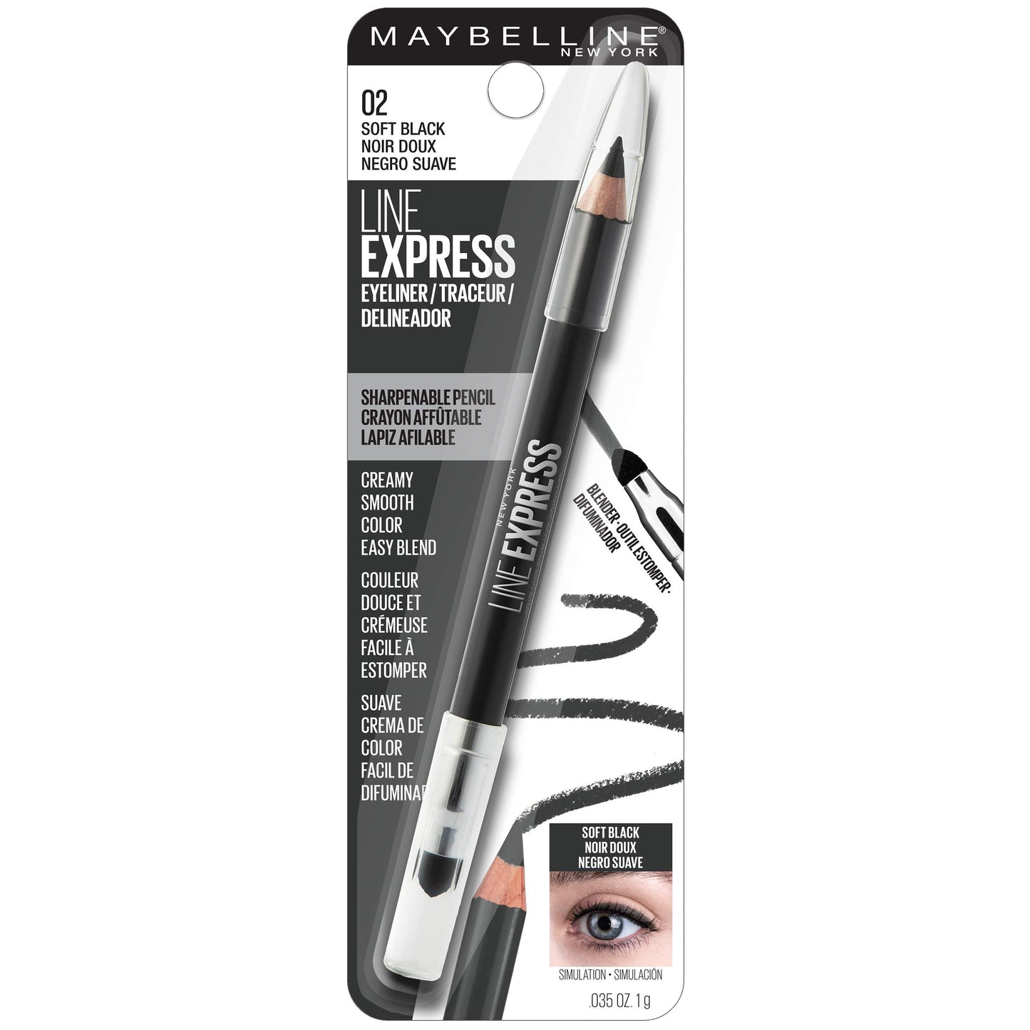 Maybelline Line Express Sharpenable Wood Pencil with Built-In Blending Smudger Tip Creamy Liner Eyeliner Eye Makeup, Soft Black, 0.035 oz. Beauty & Personal Care MAYBELLINE