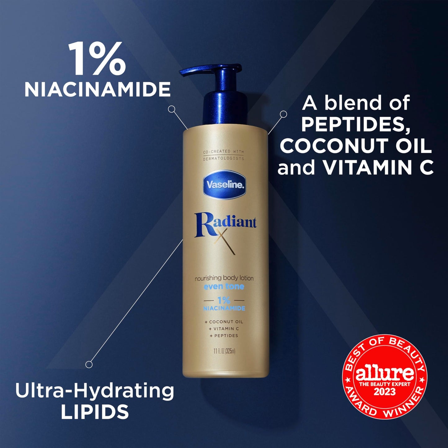 Vaseline Radiant X Even Tone Nourishing Body Lotion With 1% Niacinamide, Coconut Oil, Vitamin C, & Peptides 11 oz Beauty & Personal Care Vaseline