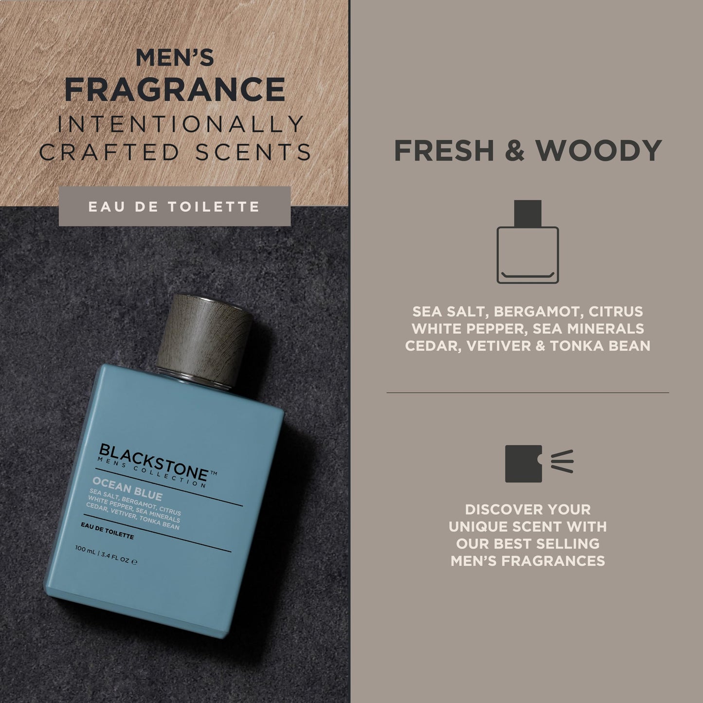 Blackstone Mens Collection Eau de Toilette - Ocean Blue | Men’s Fragrance, Fresh & Long-Lasting Cologne with Sea Salt, Citrus & Cedar | Everyday Beauty & Personal Care Blackstone