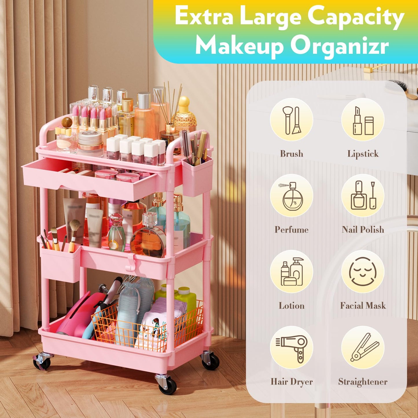 SUNALLY Makeup Cart Organizer with Drawers, Floor Skincare Organizers Vanity Storage Organizer, Rolling Makeup Bathroom Storage Cart Cosmetics Display Beauty and Personal Care SUNALLY