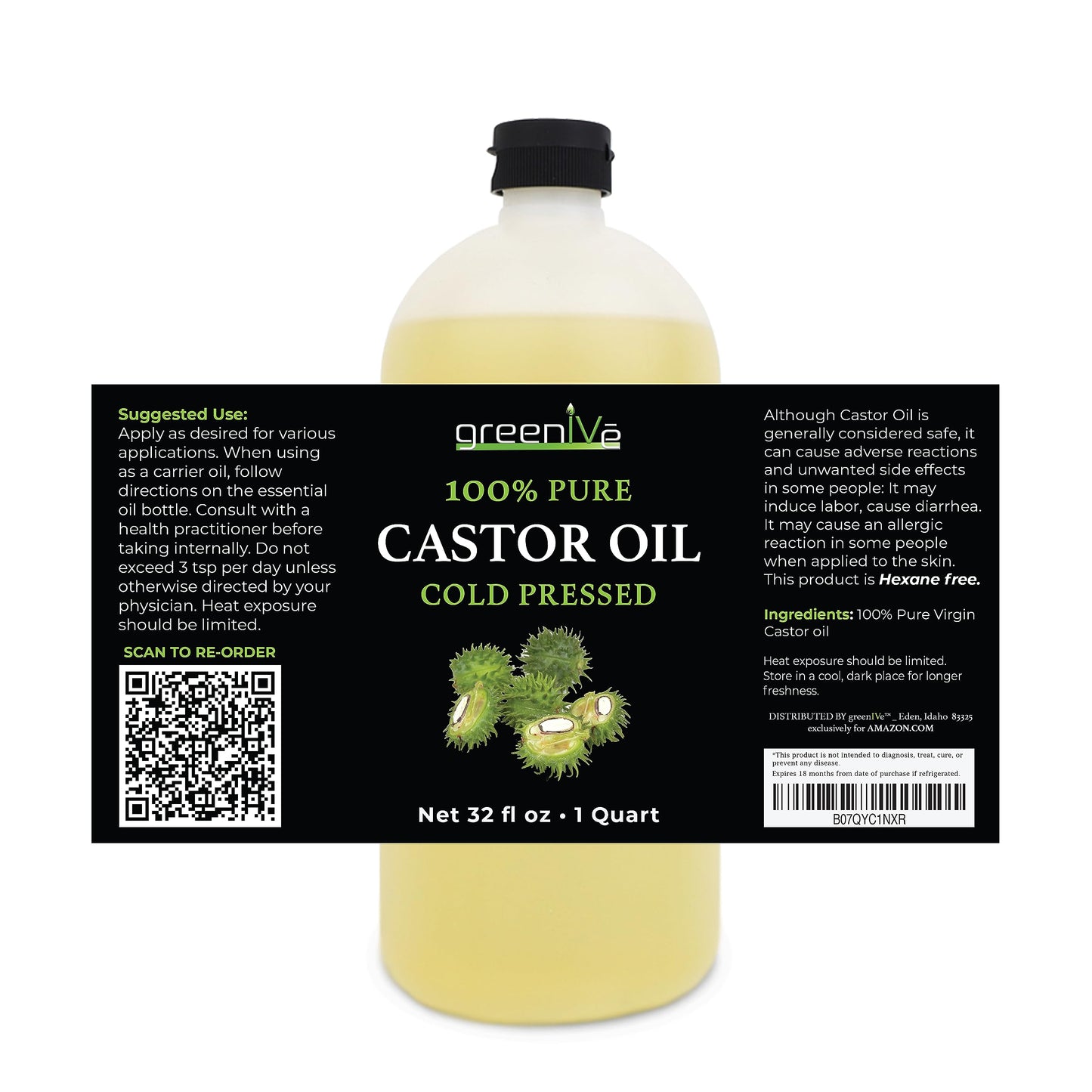 GreenIVe 100% Pure Castor Oil - Cold-Pressed, Hexane-Free - Hair, Eyebrows, Eyelashes, Skin Moisturizer, Castor Pack Wrap Oil Bulk Bottle (32 Fl oz) Beauty & Personal Care GreenIVe
