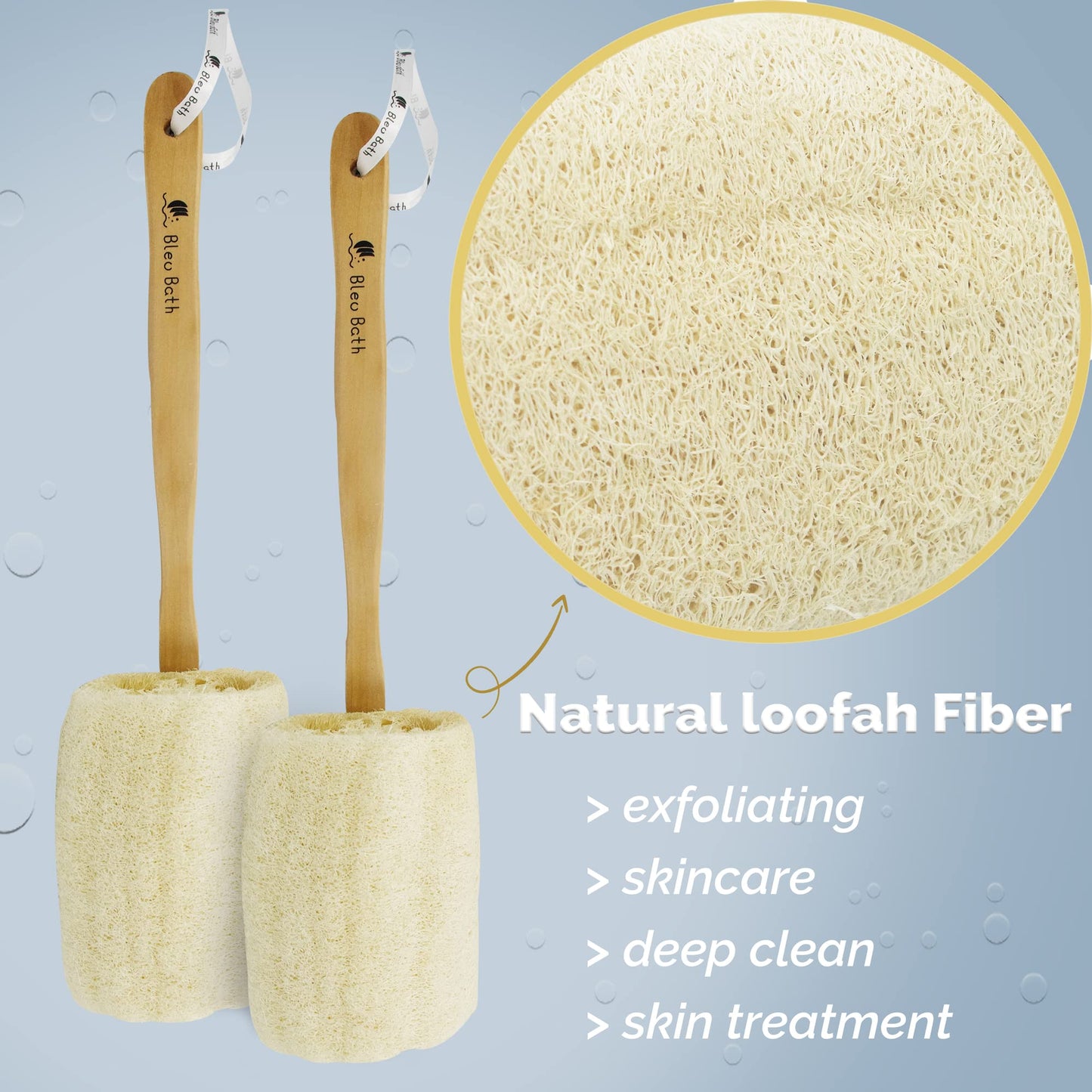 Bleu Bath (2 Pack) Exfoliating Loofah Back Brush Dry Body Brush in 100% Natural and Organic Luffa with Long Wooden Handle Fixed, Scrubber Brush Beauty and Personal Care Bleu Bath