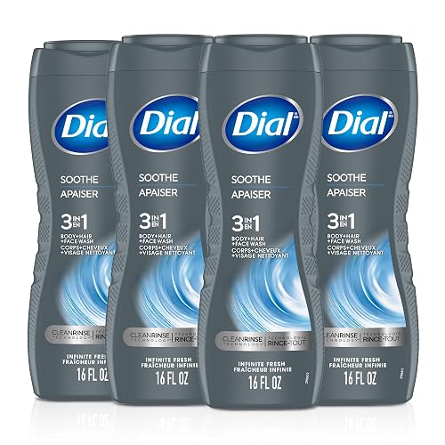 Dial Men 3 in 1 Body, Hair and Face Wash, Soothe, 16 Fl Oz, Pack of 4, Infinite Fresh Scent, Cleanses Deep + Gentle on Skin with Clean Rinse Beauty & Personal Care Dial