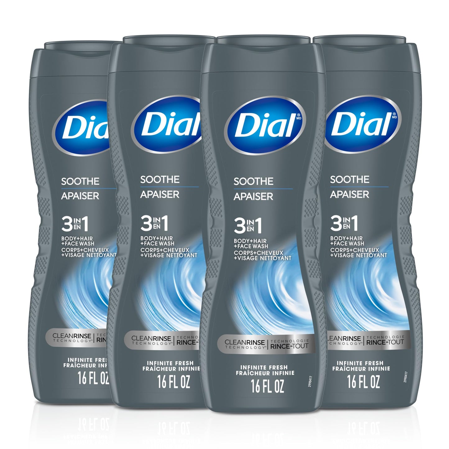 Dial Men 3 in 1 Body, Hair and Face Wash, Soothe, 16 Fl Oz, Pack of 4, Infinite Fresh Scent, Cleanses Deep + Gentle on Skin with Clean Rinse Beauty & Personal Care Dial