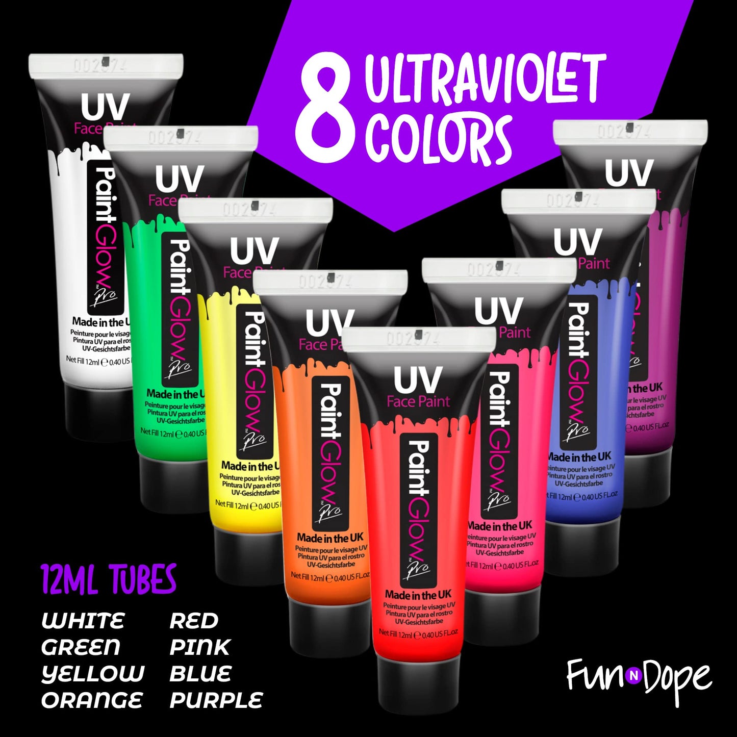 UV Body Paint and Face Paint - 8 Colors - Blacklight Reactive Paints - Body Makeup Glows In the Dark for Black Light Parties, Halloween Costume Beauty & Personal Care FUN N DOPE