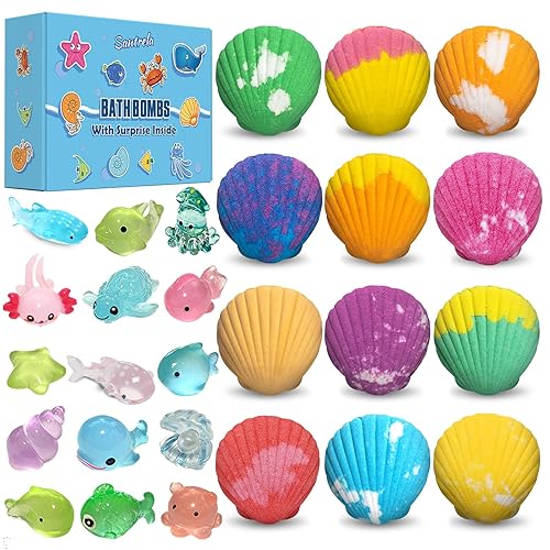 Bath Bombs for Kids with Surprise Toys Inside, 12 Pack Shell Kids Bath Bombs Gift Set for Girls Boys Birthday, Easter, Christmas, Halloween, Handmade… Beauty & Personal Care Santrela