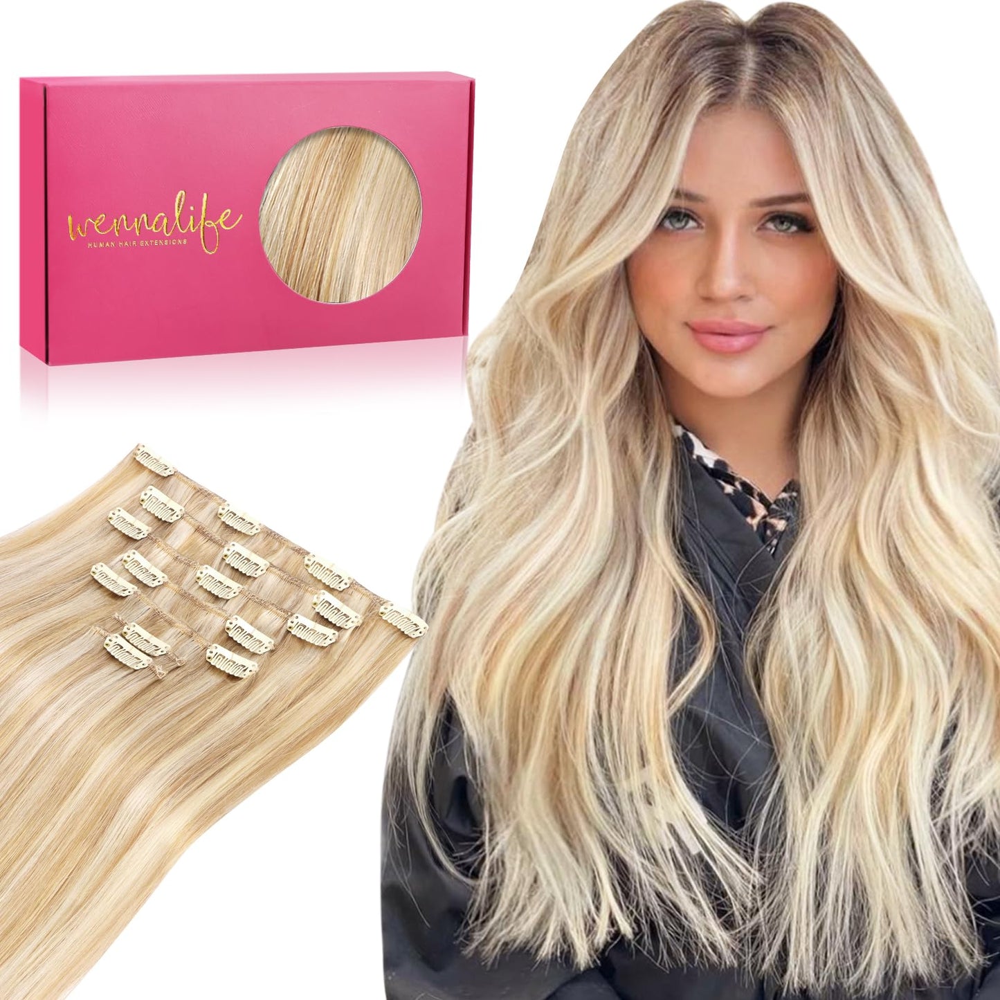 WENNALIFE Hair Extensions Clip In, 9pcs 24inch 150g Dirty Blonde Highlighted Bleach Blonde Thicker Clip In Hair Extensions Real Human Hair Remy hair Beauty and Personal Care Wennalife Default Title