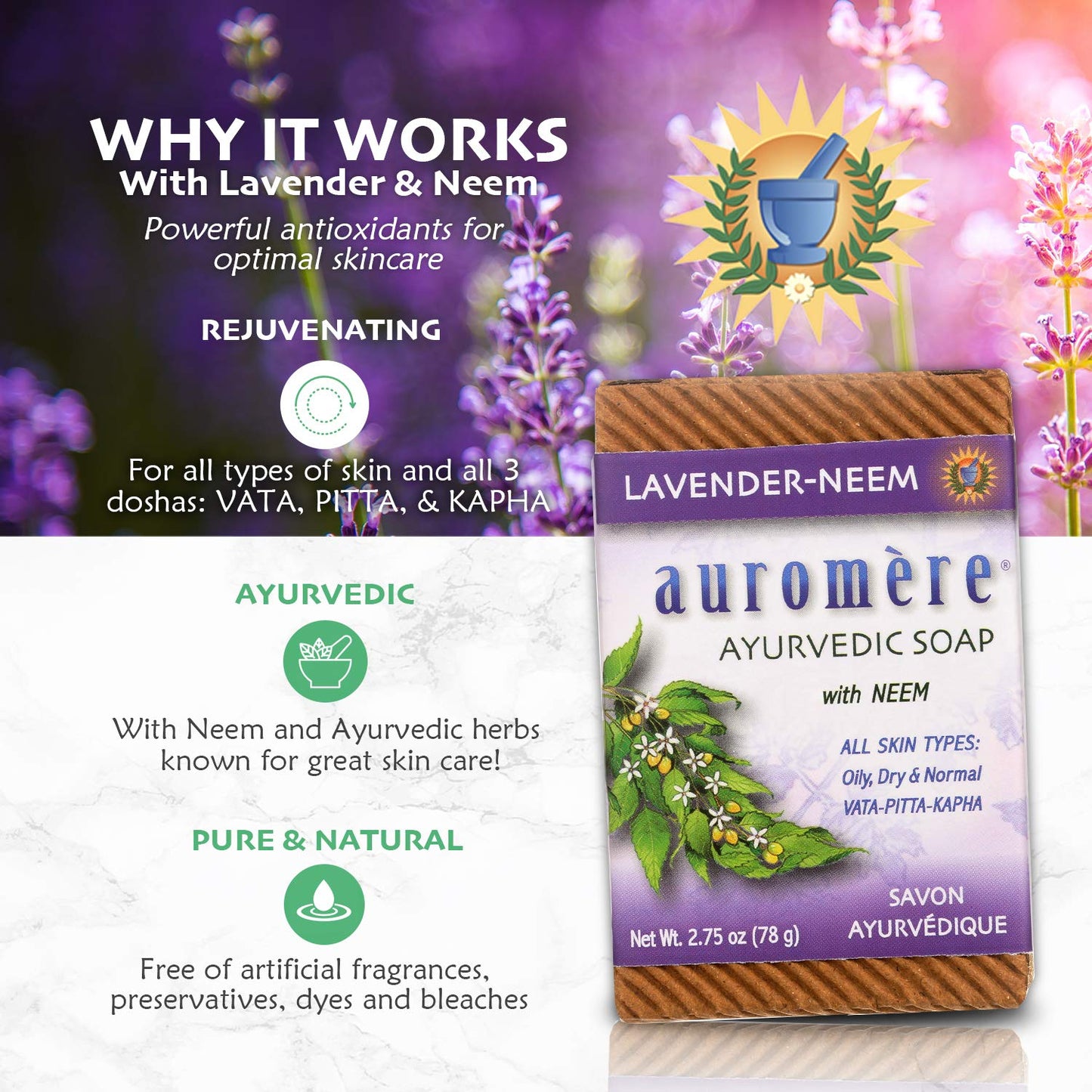 Auromere Ayurvedic Bar Soap, Lavender Neem - Eco Friendly, Handmade, Vegan, Cruelty Free, Natural, Non GMO (2.75 oz), 1 pack Beauty & Personal Care Auromere