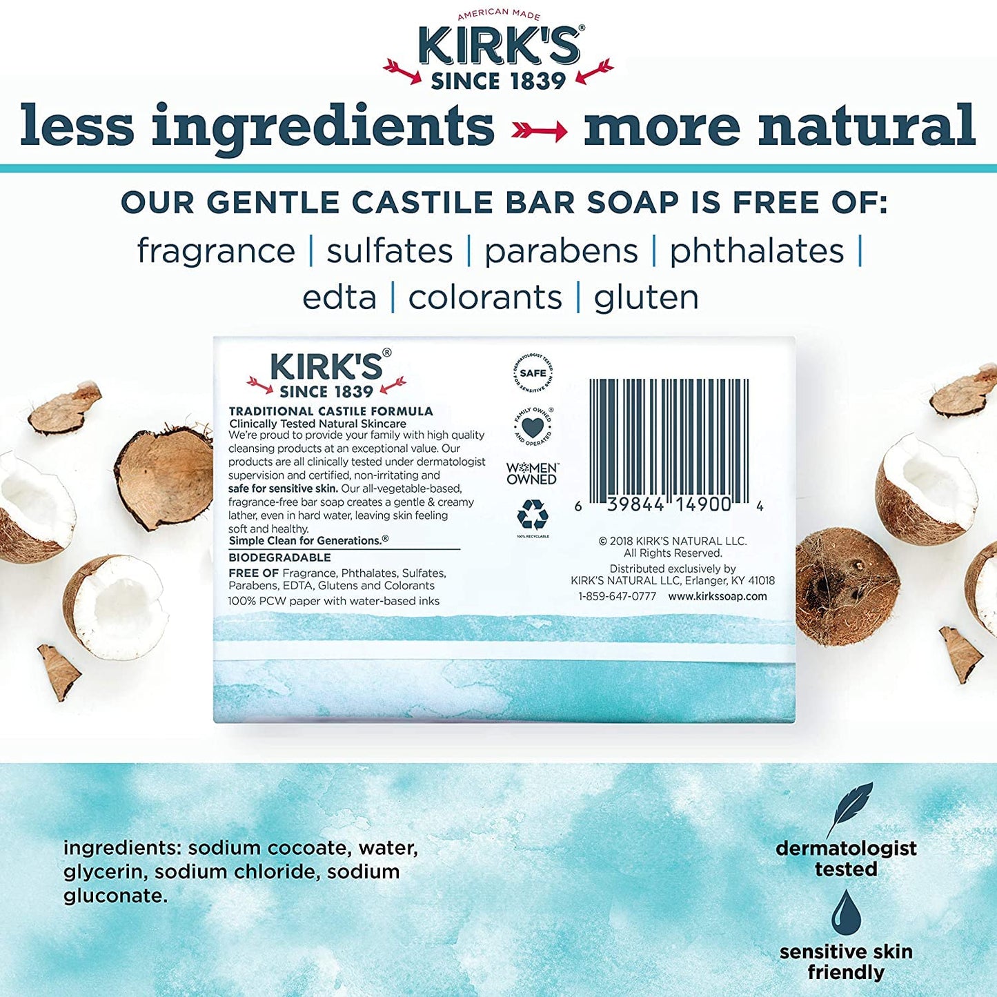 Castile Bar Soap by Kirk’s | Clean Soap for Men, Women & Children | Premium Coconut Oil | Sensitive Skin Formula, Vegan | Fragrance-Free/Unscented | Beauty & Personal Care Kirk's