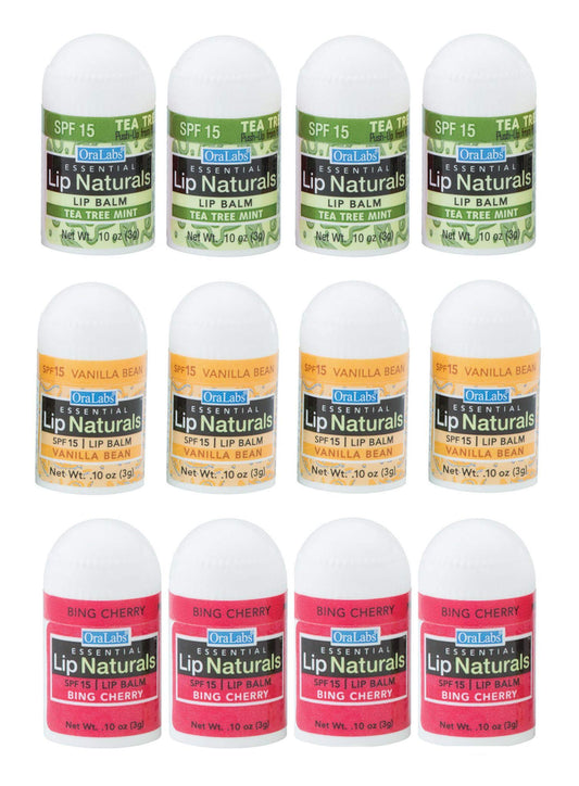 Lip Naturals Mini Lip Balm with SPF 15 Sunscreen, 12 Count Pack, Cherry, Tea Tree Mint & Vanilla Bean Flavors, Made in USA, 0.10oz Each Beauty & Personal Care CHAP-ICE