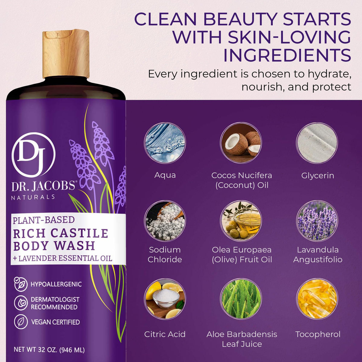 Dr. Jacobs Naturals Pure Castile Soap Liquid Body Wash, Lavender - Plant Based Soap Infused with Vitamin E and Aloe Vera to Moisturize Dry Beauty & Personal Care DR.JACOBS NATURALS