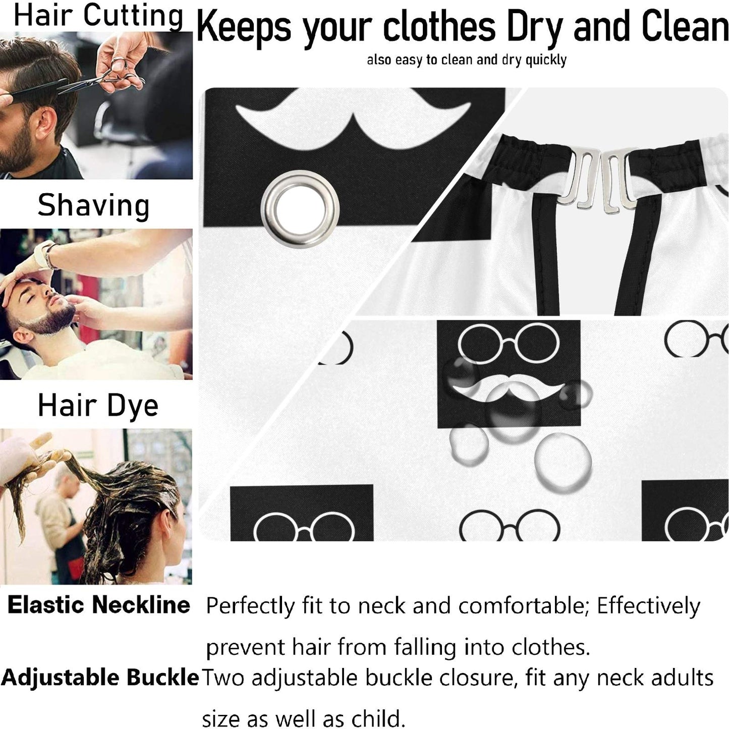 visesunny Mustache Glasses White Black Grid Barber Cape Anti-Static Hair Cutting Cape with Snap Closure Professional Salon Polyester Beard Shaving Bib Beauty and Personal Care visesunny