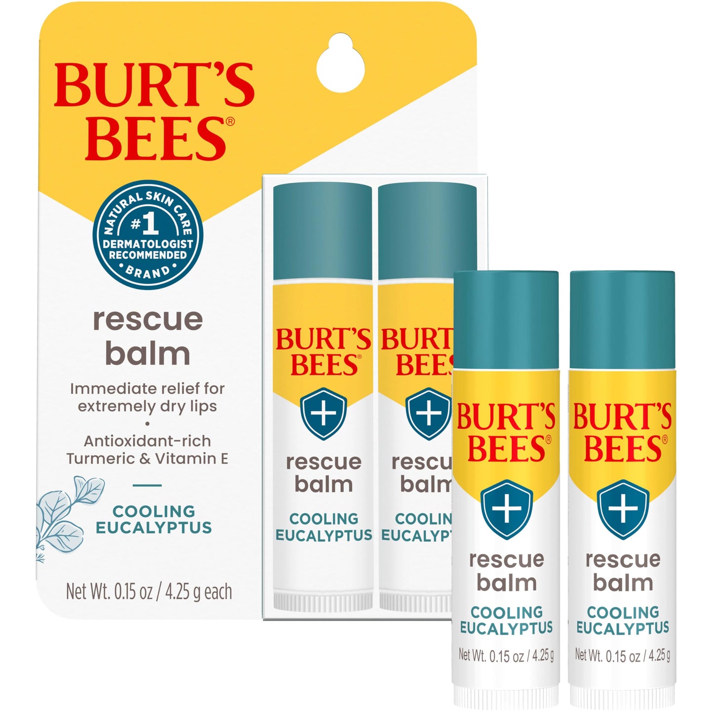 Burt's Bees 100% Natural Origin Rescue Lip Balm With Beeswax and Antioxidant-Rich Turmeric Promotes Healing Of Extremely Dry Lips, Cooling Eucalyptus Beauty and Personal Care Burt's Bees