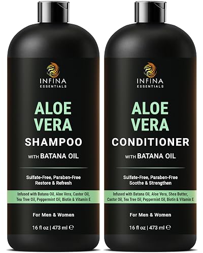 INFINA ESSENTIALS Aloe Vera Shampoo and Conditioner Set | 16 fl oz Each | with Batana Oil | Hydrating, Soothing & Moisture Balance Formula | Beauty & Personal Care INFINA ESSENTIALS
