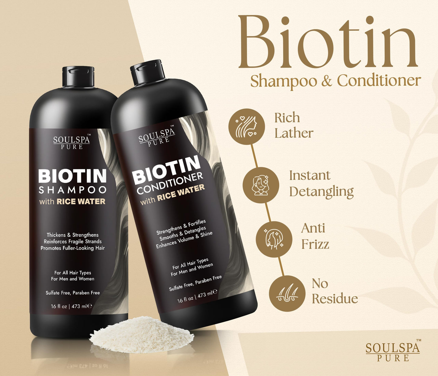 SOULSPA PURE Biotin Rice Water Shampoo and Conditioner Set - Thickening Formula with Rice Protein & Keratin - Strengthening Hair Care for Thinning Beauty & Personal Care SOULSPA PURE