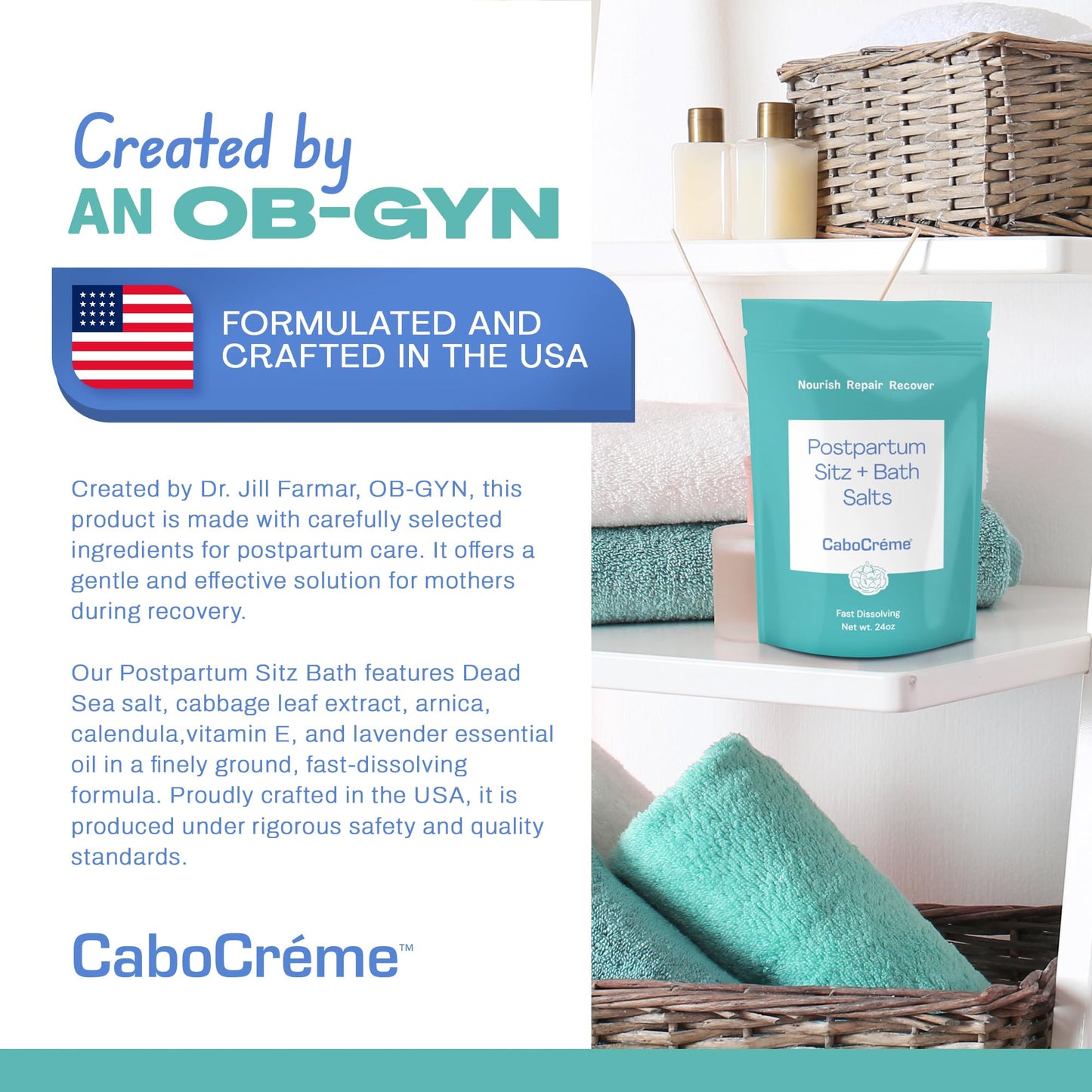 CaboCréme Postpartum Sitz + Bath Salts - 24oz - Postpartum Bath Soak for Perineal Care, Healing Tears, Swelling & Hemorrhoids - Dead Sea Salt Beauty and Personal Care Cabocreme