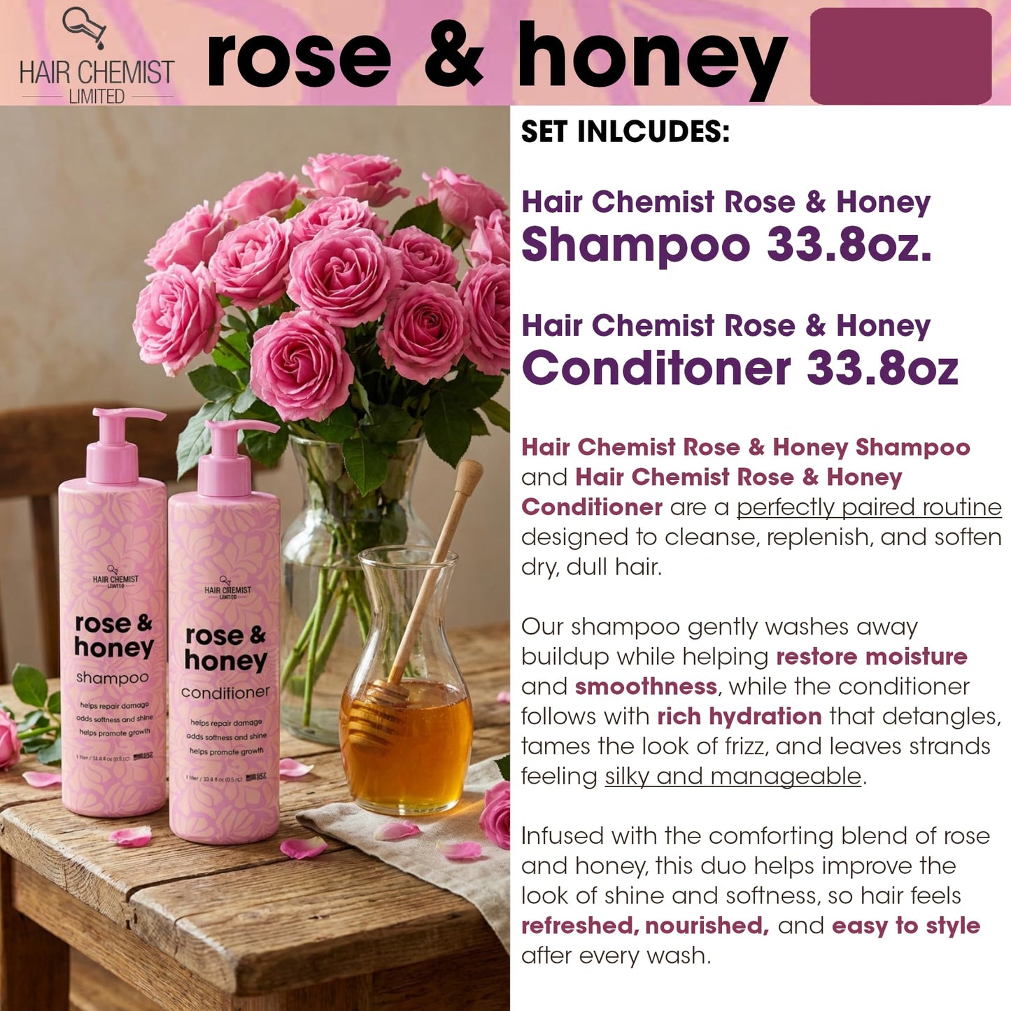 Hair Chemist Rose & Honey Shampoo 33.8 Ounce & Conditioner 33.8 Ounce 2-PC Set Beauty & Personal Care Hair Chemist